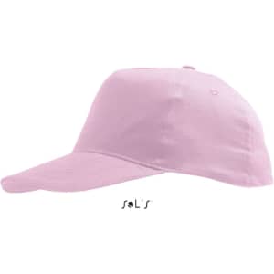 A pink five-panel cap made of light brushed cotton, featuring a logo on the front.