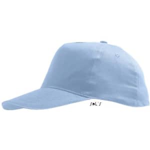 A light blue five-panel cap made of brushed cotton, featuring a logo on the side.