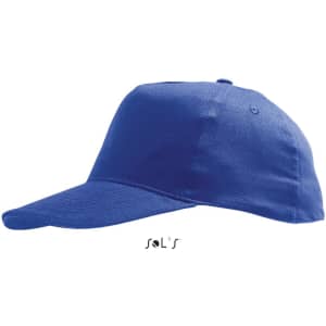 A blue five-panel cap made of light brushed cotton, featuring a curved peak and a brand logo.