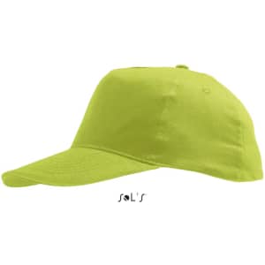 A bright lime green five-panel cap made of light brushed cotton, featuring a logo.