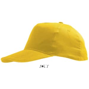 A yellow 5-panel cap made of light brushed cotton featuring a logo.