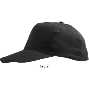 A black 5-panel cap made of light brushed cotton, featuring a curved brim and a logo on the side.