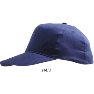A navy blue five-panel cap made of light brushed cotton with a logo.