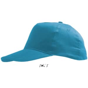 A five-panel cap in bright turquoise, made from light brushed cotton, featuring a logo on the front.