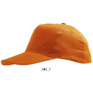 A bright orange, five-panel cap made of light brushed cotton with a logo on the front.