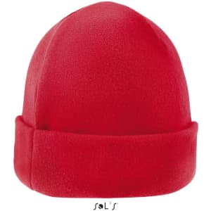A red beanie made of 100% polyester fleece, featuring a folded cuff and a branded logo.