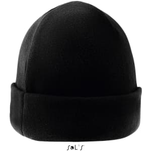 A black beanie made of 100% polyester fleece, featuring a folded cuff and a logo on the underside.