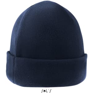 A navy beanie made of 100% polyester fleece, featuring a logo on the front.