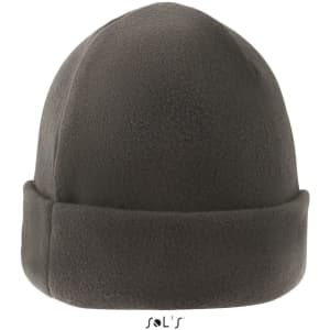 A dark grey beanie made from 100% polyester fleece, featuring a fold-over cuff and a logo.