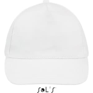 A white five-panel cap with a curved brim and a logo on the front.