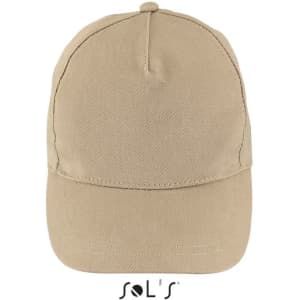 A beige five-panel cap featuring a curved brim and a logo on the front.