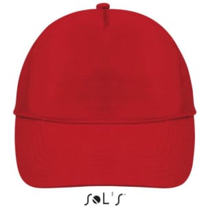 A red five-panel cap with a curved brim and a logo on the front.
