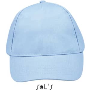 A light blue five-panel cap with a structured design and a logo on the front.