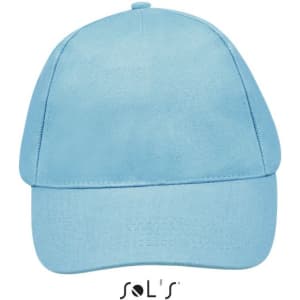 A light blue five-panel cap with a curved brim and a logo on the front.