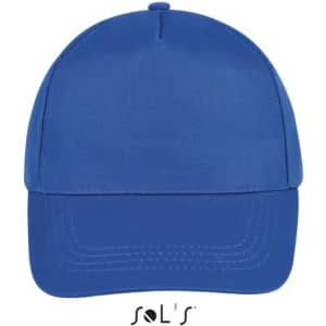 A blue five-panel cap with a rounded crown and a flat brim, featuring a logo on the front.