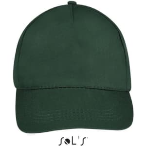 A five-panel cap in dark green with a structured crown and curved brim. Features a logo on the front.