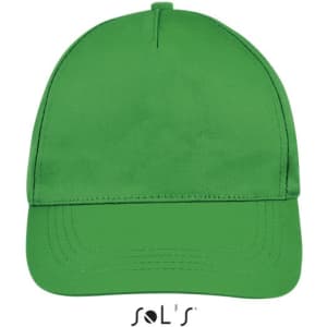 A green five-panel cap with a curved brim and a logo on the front.