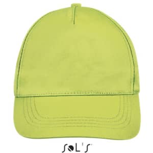 A five-panel cap in bright lime green with a curved brim and a logo on the front.