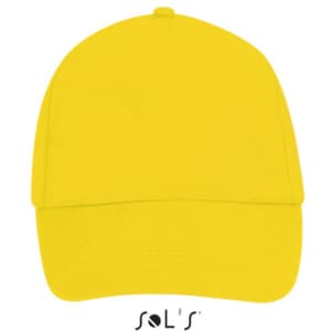 A bright yellow five-panel cap featuring a logo on the front.
