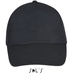 A black five-panel cap with a curved brim and a logo on the front.