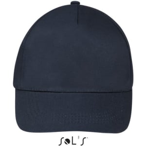 A navy five-panel cap featuring a curved brim and a logo on the front.