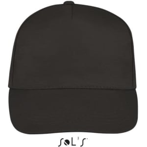 A black five-panel cap featuring a flat brim and an adjustable strap at the back. It has a logo on the front.