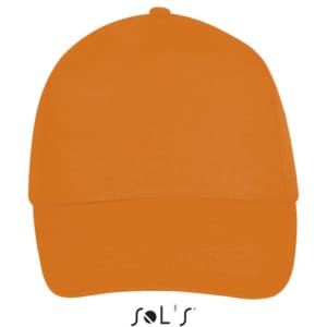 An orange five-panel cap with a rounded crown and a peak, featuring a logo on the front.