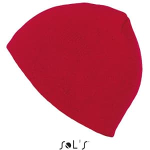 A red unisex acrylic beanie with a logo on the side.