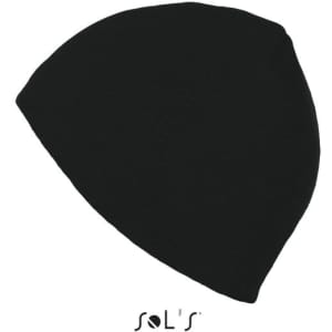 A black unisex acrylic beanie with a fitted design and a branding logo at the base.