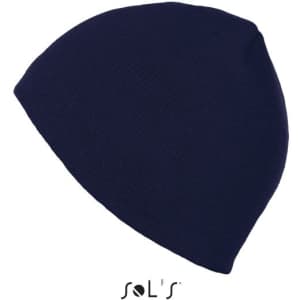 A unisex acrylic beanie in navy blue, featuring a logo on the label.