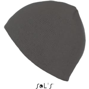 A grey unisex beanie made from acrylic material, featuring a branding logo.