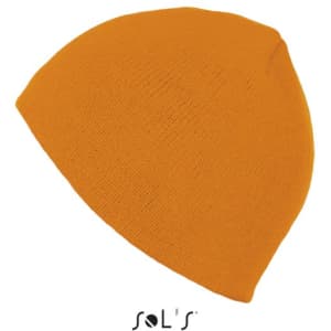 A bright orange unisex beanie made of acrylic, featuring a logo on the bottom.