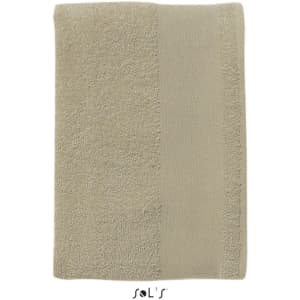 A beige hand towel made of 400gsm cotton, measuring 50cm x 100cm, with a logo at the bottom.