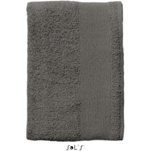 A grey hand towel made of 400gsm cotton, measuring 50cm x 100cm. Features a logo.