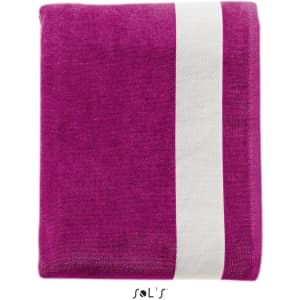 A fuchsia beach towel measuring 100cm x 160cm, featuring a white striped design and a brand logo.
