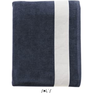A navy blue beach towel measuring 100cm x 160cm, featuring a white striped design and a logo.