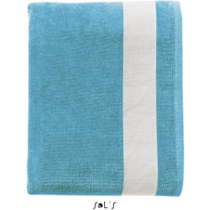 A blue velvet cotton beach towel with a white stripe, measuring 100cm x 160cm. It features a logo at the bottom.