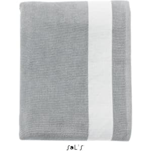 A grey beach towel measuring 100cm x 160cm with a white stripe and a logo.