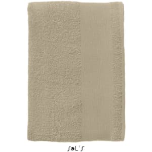 A heavy weight 500gsm cotton hand towel in a neutral beige colour, featuring a textured stripe and a logo.