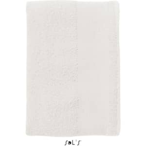 A heavyweight cotton bath towel in white, measuring 140cm x 70cm, with a logo printed on it.