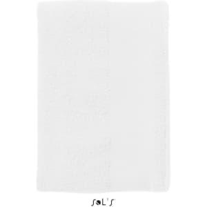 A large white bath towel measuring 150cm x 100cm, made of heavy weight 500gsm cotton, with a logo.
