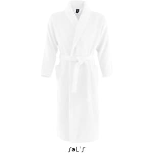 A unisex white bath robe featuring a belt and a logo. Soft texture and knee-length design.