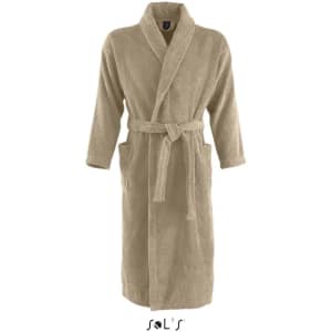 A unisex bath robe in a beige colour with a tie belt and long sleeves. Features a branding logo.