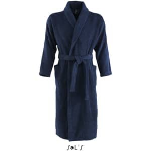 A unisex bath robe in navy blue, featuring a belt and long sleeves, with a logo at the bottom.
