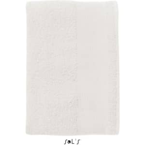 A white hand towel made of 400gsm cotton, measuring 30cm x 50cm, featuring a branding logo.