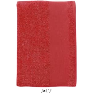 A red hand towel made from 400gsm cotton, measuring 30cm x 50cm, featuring a logo.