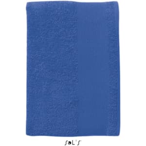 A blue hand towel made of 400gsm cotton, measuring 30cm x 50cm, featuring a logo.