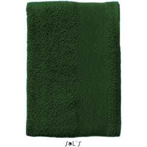 A green hand towel made of 400gsm cotton, measuring 30cm x 50cm. It features a logo at the bottom.