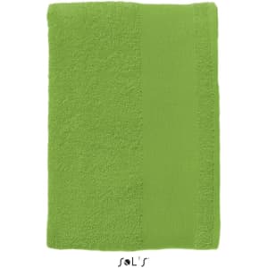 A green hand towel made of 400gsm cotton, measuring 30cm x 50cm, with a logo present.