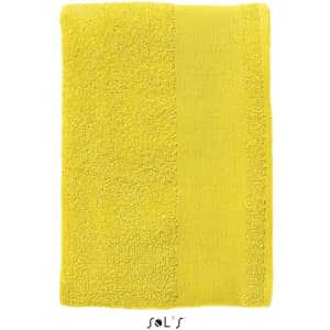 A bright yellow hand towel made of 400gsm cotton, measuring 30cm x 50cm. Features a logo at the bottom.